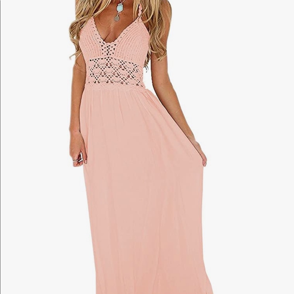 Pink crochet maxi halter dress